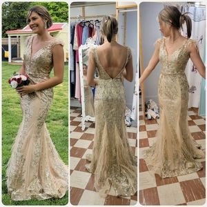 Stunning Prom Dress!! Gold with sequin and feathers.